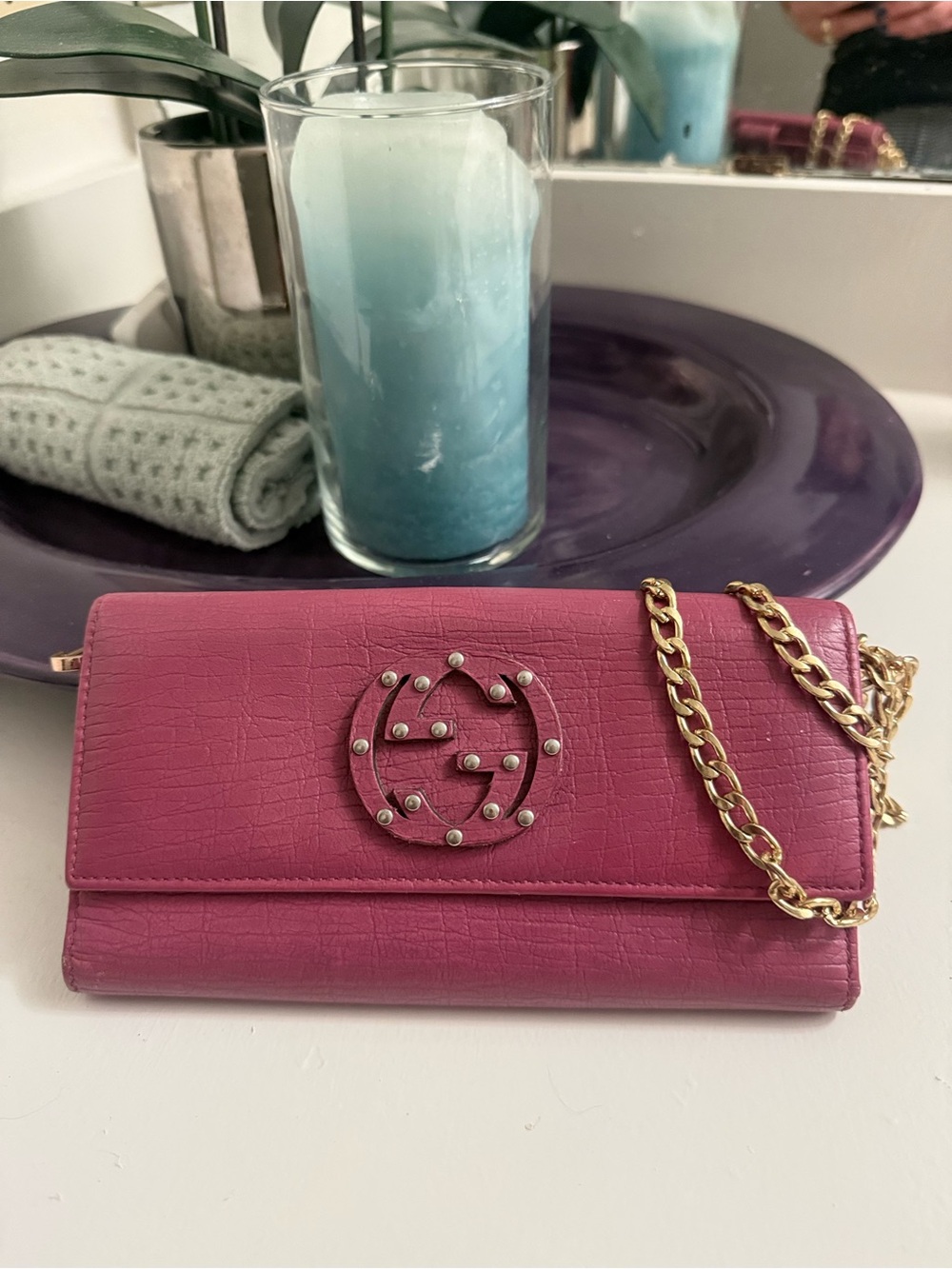 Gucci Fuchsia Pink Leather Chain Crossbody Wallet